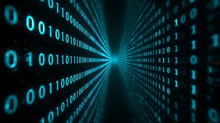 an abstract illustration of a digital tunnel, featuring a stream of binary code and data