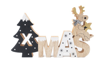 Wooden Reindeer Ornament and Holiday Christmas Decoration Isolated on White Background