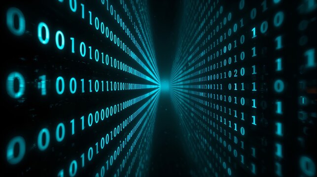 an abstract illustration of a digital tunnel, featuring a stream of binary code and data