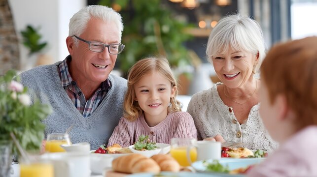 Grandparents and grandchildren share a warm happy breakfast at a dining table fostering connection and familial bonds in a cozy home environment