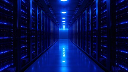 A futuristic view of a server room with blue lighting, showcasing a data center environment with rows of servers