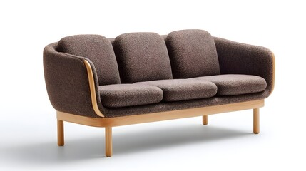 Elegant and contemporary three seater sofa featuring plush brown textured upholstery a curved wooden frame accent and sleek wooden legs perfect for modern interior decor