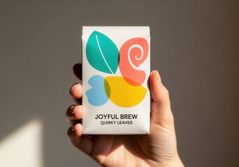 A hand holding a product with modern, colorful packaging design. Joyful Brew tea with abstract graphics. The joyconomy trend in consumer branding