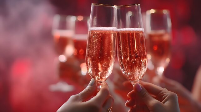 Hands clink glasses filled with bubbly pink champagne a toast embodying celeb n happiness and shared festive moments with a soft bokeh background enhancing the joyful atmosphere