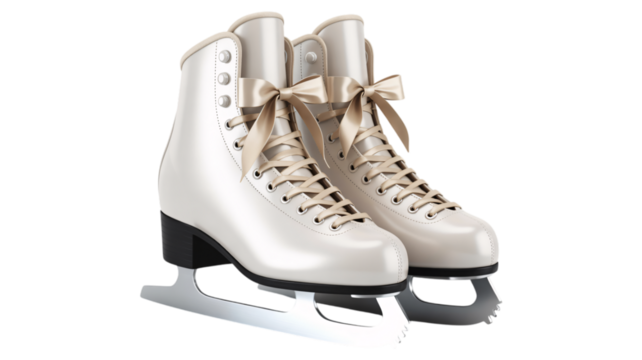Pair of white figure skates with satin bows isolated on transparent background