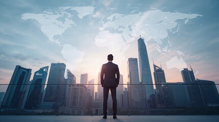 a businessman is standing with his back towards the viewer, overlooking a modern city skyline, symbolizing ambition and global vision