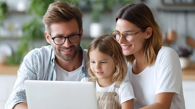 A joyful family unit consisting of a father mother and young daughter engages with a laptop computer together in a warm domestic setting sharing a positive digital experience