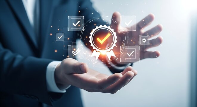 Businessman presenting quality assurance concept with guarantee approval sign