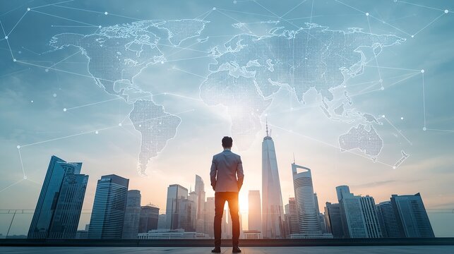 A man standing in front of a modern cityscape with a world map overlay