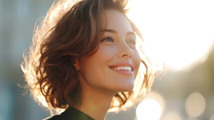 Close up portrait of a happy young woman her wavy brown hair backlit by bright golden hour sunlight  She gazes upwards with a genuine joyful smile and a serene expression conveying optimism