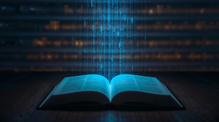 An open book glowing with digital information and data streams. The scene conveys knowledge, learning, and the digital age