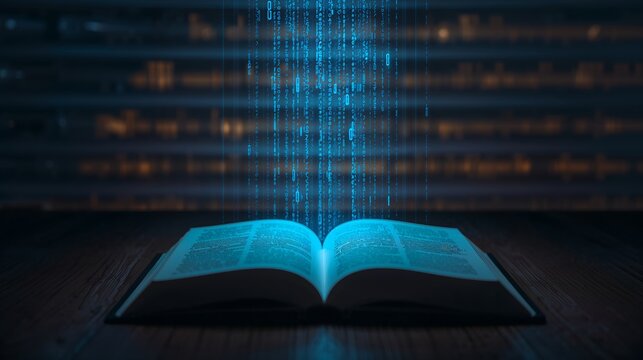 An open book glowing with digital information and data streams. The scene conveys knowledge, learning, and the digital age - Powered by Adobe