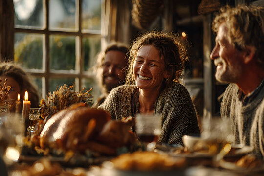 Family celebrating thanksgiving enjoying roasted turkey dinner at home