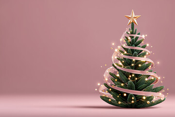 Christmas tree decorated with ribbon and lights on pink background  