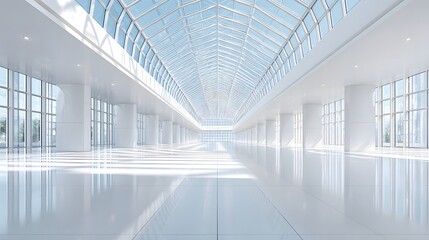 Fototapeta premium Expansive modern architectural interior featuring a vaulted glass ceiling large and a gleaming reflective white floor creating an open and airy atmosphere