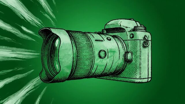 Stylized, green camera illustration on a green background. Lens extends. Light streaks