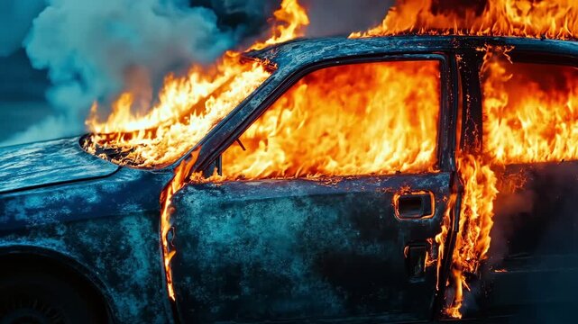A burnt out car on fire with smoke coming out of it - Powered by Adobe