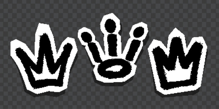 Graffiti-style black crown and symbol stickers with white outlines on dark background.