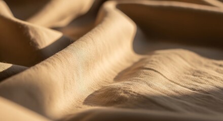 Macro of soft beige linen bedding with morning sunlight and gentle folds, minimal cozy atmosphere, negative space on the right.
