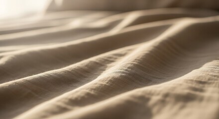 Macro of soft beige linen bedding with morning sunlight and gentle folds, minimal cozy atmosphere, negative space on the right.
