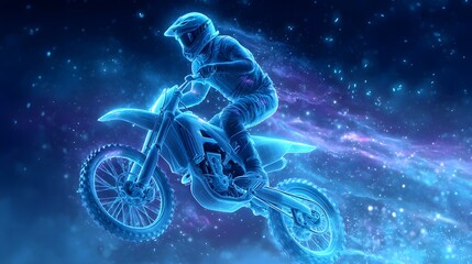 A luminous futuristic digital illust n of a motocross rider mid air during an extreme jump through a vibrant abstract cosmic space with glowing particles