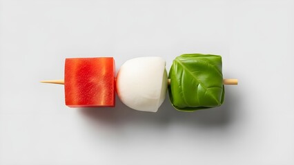 Minimalist Caprese Salad Skewer with Tomato, Mozzarella, and Fresh Basil Leaf