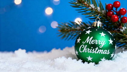 Green Christmas Ornament in Snow with Holiday Decorations