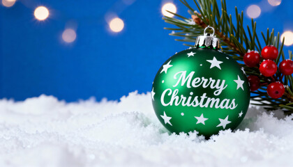 Green Christmas Ornament in Snow with Holiday Decorations