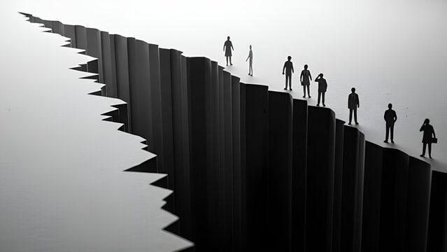 Silhouettes of people standing on the edge of a deep, dramatic chasm.