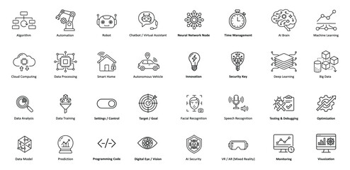 Ai technology vector illustration icons set, machine learning symbols, neural network elements, robotics automation, big data analysis, smart systems and digital innovation