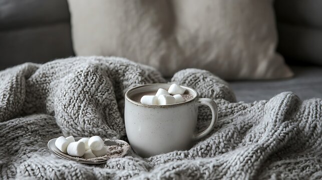 A hot chocolate with marshmallows on a gray wool throw rustic setup - Powered by Adobe