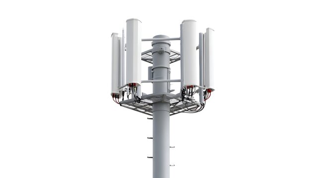 Close up view of a gray cell tower structure featuring several white rectangular antennas mounted on a platform connected by intricate cabling symbolizing global communication networks
