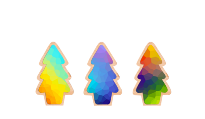 Set of three colorful geometric Christmas tree elements with faceted polygon texture and soft golden outline on a transparent background. Modern festive design for overlays, stickers, decor