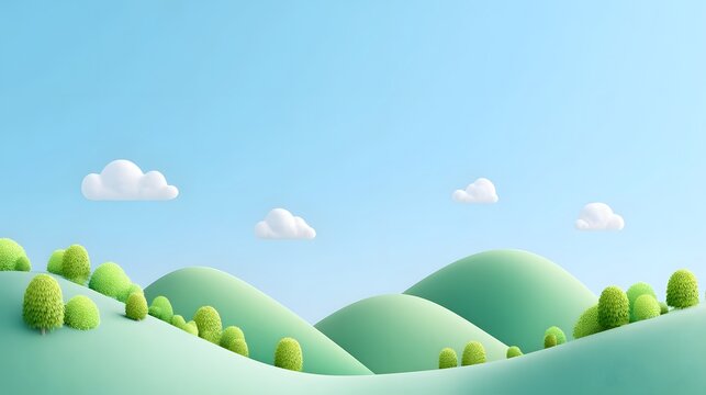 Tranquil stylized scene featuring rolling emerald green hills vibrant bushy trees and soft white clouds drifting in a bright clear blue sky