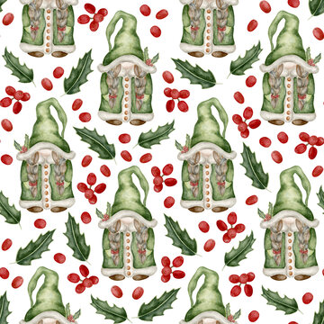 Watercolor Christmas Gnomes with Holly Leaves and Berries Seamless Pattern. A traditional holiday pattern. Ideal for wrapping paper, greeting cards, fabric, seasonal branding, and decorative crafts