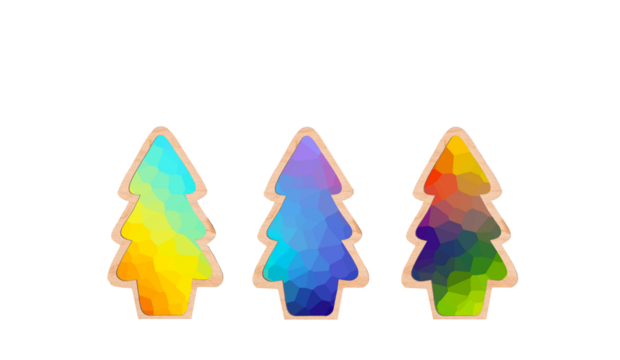 Set of three colorful geometric Christmas tree elements with faceted polygon texture and soft golden outline on a transparent background. Modern festive design for overlays, stickers, decor