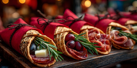 Gourmet charcuterie cones filled with assorted cheeses, olives, cured meats and rosemary sprigs, wrapped in elegant red paper, served at a holiday market.