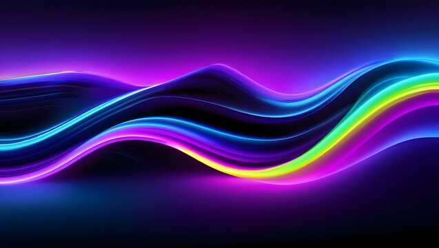 Vibrant neon waves of light flowing through darkness