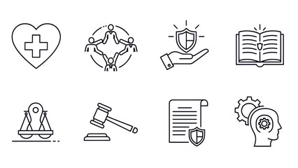 Collection of linear icons related to health, law, and protection.