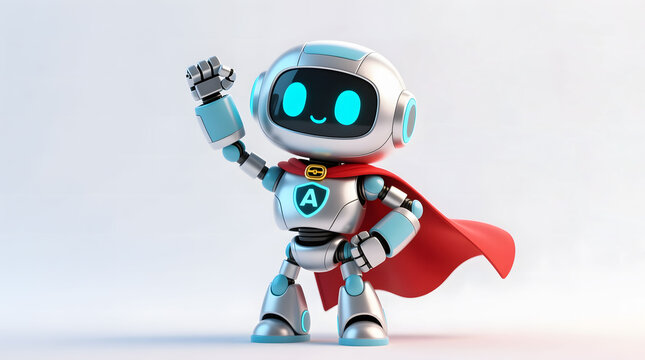 Cute robot wearing a red cape, standing in a confident hero pose with its chest puffed out, symbolizing security and protection  isolated on white.