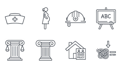 Line art icons representing various professions and concepts, including healthcare, construction, and education.