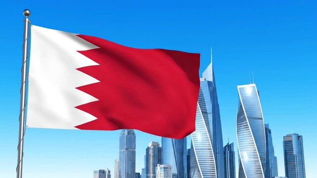 A waving flag of a nation with a jagged-edged design against a modern cityscape