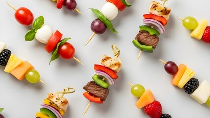 Assorted cocktail food skewers and fresh fruit kebabs, appetizer variety, flat lay top view.