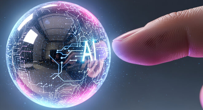 Finger touching a glowing ai sphere with circuit patterns representing artificial intelligence technology