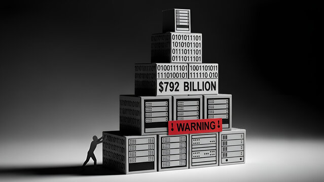 Financial risk and data instability symbolized by towering server stack.