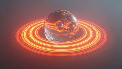 Abstract glowing orange rings of light emanate from a transparent crystal egg shape creating a mystical and ethereal cosmic atmosphere