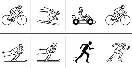 Sports and activity icon set featuring biking, skiing, go-karting, running, speed skating, movement, fitness, and athletic motion