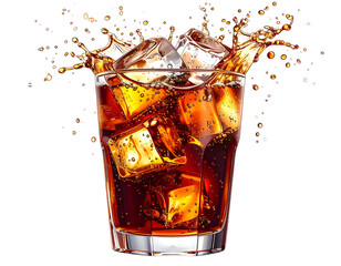 Refreshing dark cola with ice cubes splashing