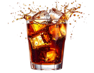 Refreshing dark cola with ice cubes splashing
