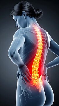 Woman's lower back pain illustration highlighting spine inflammation, skeleton view, emphasizing discomfort and potential health issues.